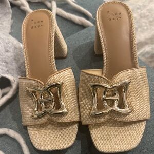 a new day Beige Woven Block Heel Mules with Gold Accent
